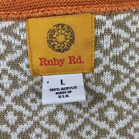 Ruby Rd Orange Yellow Brown Knit Fringe Trim Open Cardigan. Size Large - Picture 9 of 10